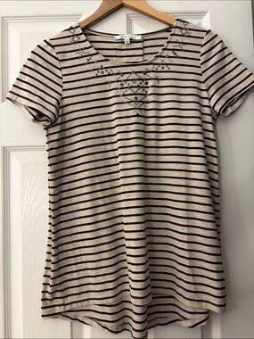 Rose & Olive Black and Cream Studded Striped Scoop Tee
